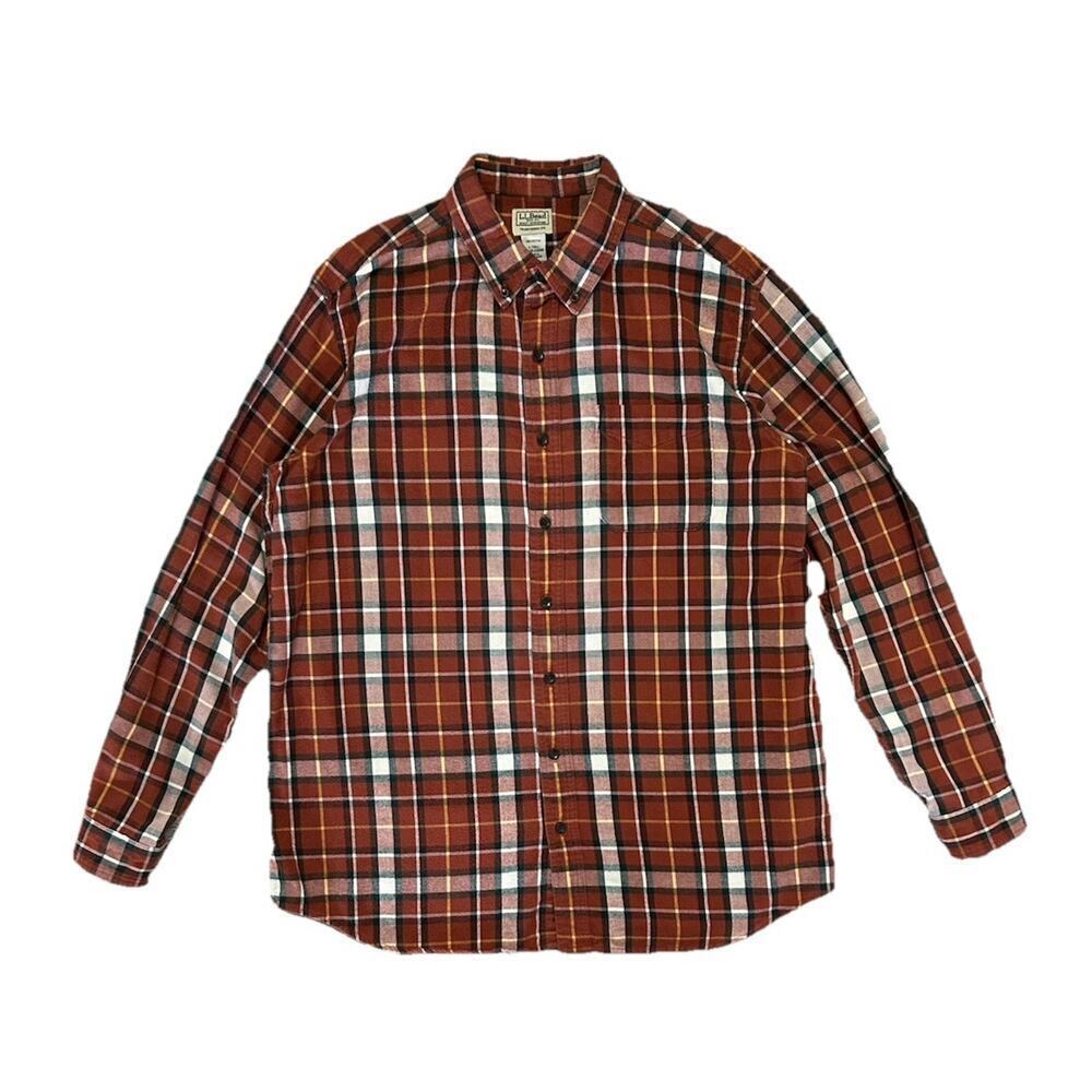 LL Bean Cotton Mens Flannel Button Up Long Sleeve Shirt Orange Plaid XL Tall